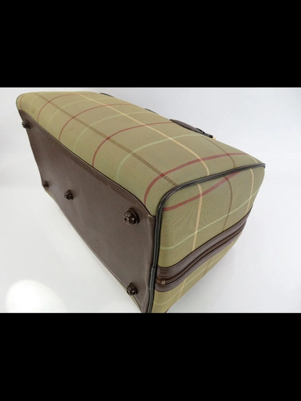 Burberry Tan Plaid Travel Holdall with Brown Leather Trim